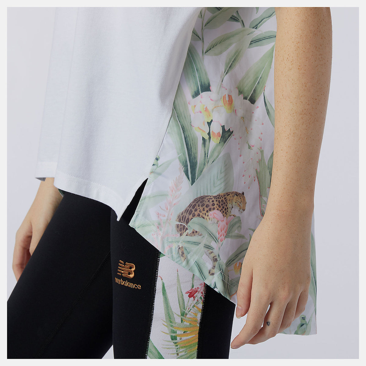Women New Balance NB Essentials Botanical Knit Woven Mix Tee